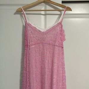 Pink white lace double lined stretchy sexy sheer maxi dress adjustable straps